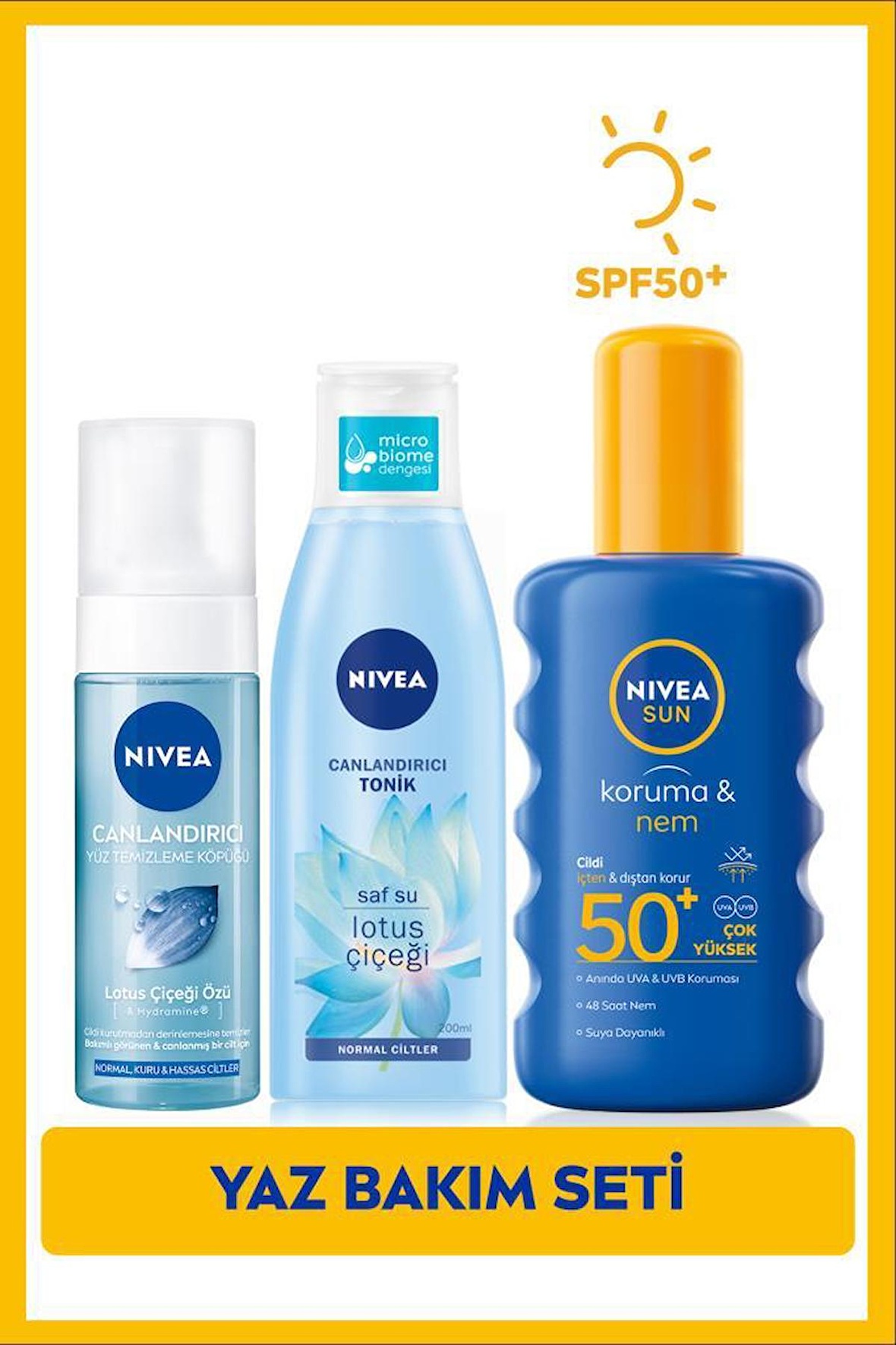 SUN Güneş Koruyucu Vücut Spreyi SPF50 200ml, Canlandırıcı Yüz Temizleme Köpüğü 150ml ve Tonik 200ml