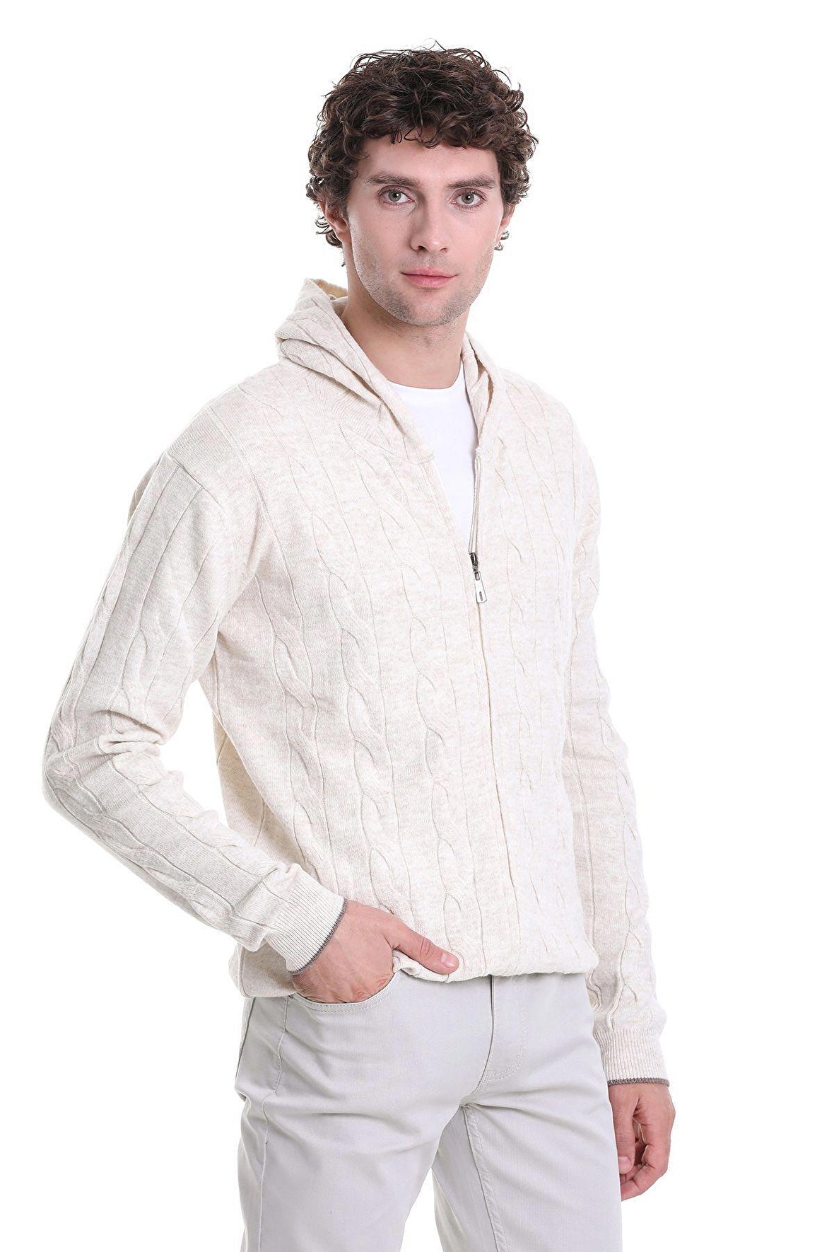 Bej Regular Fit Jakarlı Yarım Fermuarlı Kapüşonlu Triko Kazak | XL