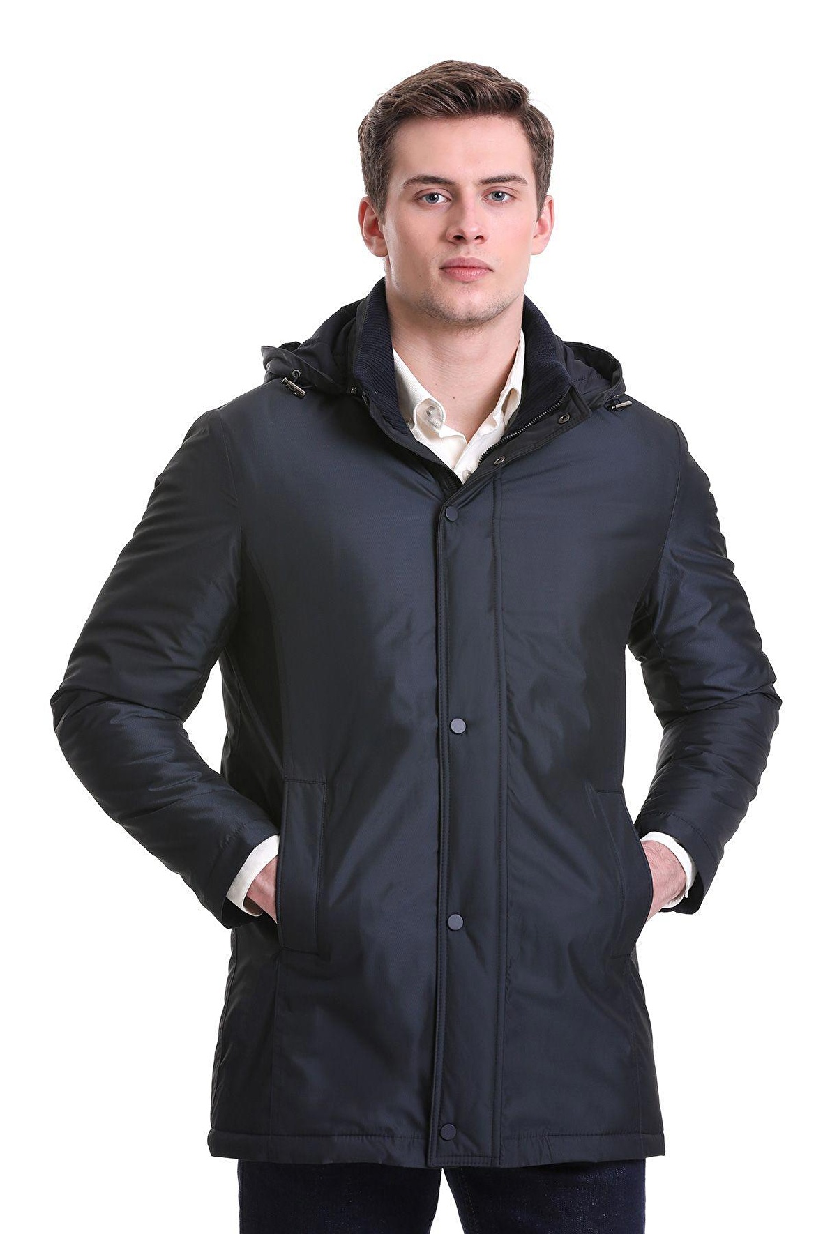 Lacivert Slim Fit Desenli Hakim Yaka Kapüşonlu Kaban | S