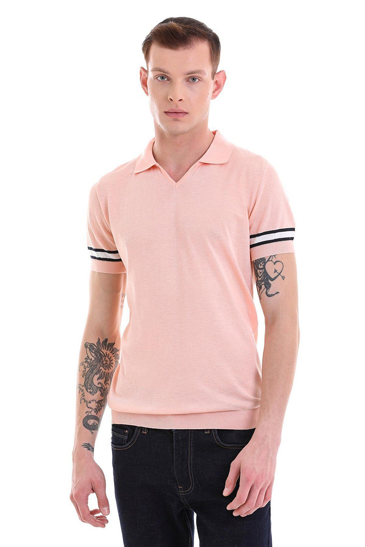 Pembe Slim Fit Çizgili Polo Yaka Triko Tişört | XL