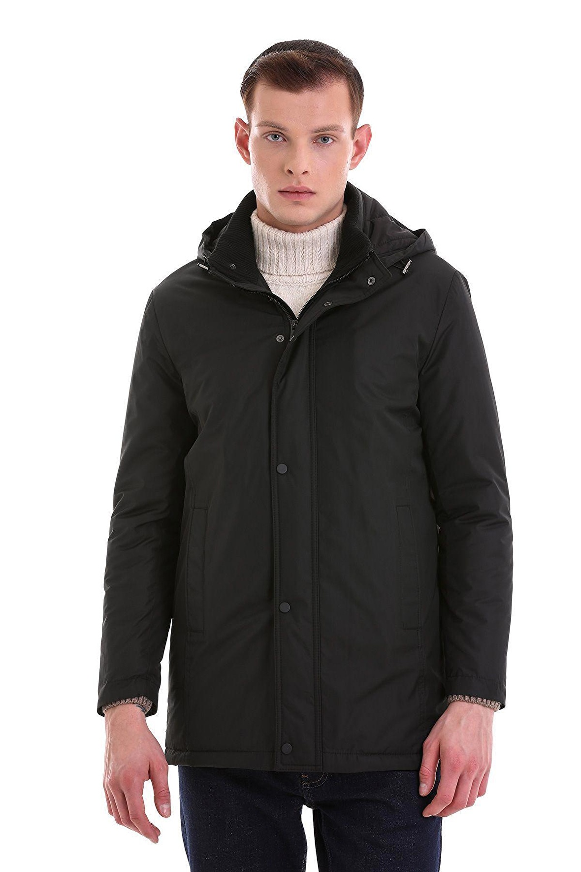 Siyah Slim Fit Desenli Hakim Yaka Kapüşonlu Kaban | S