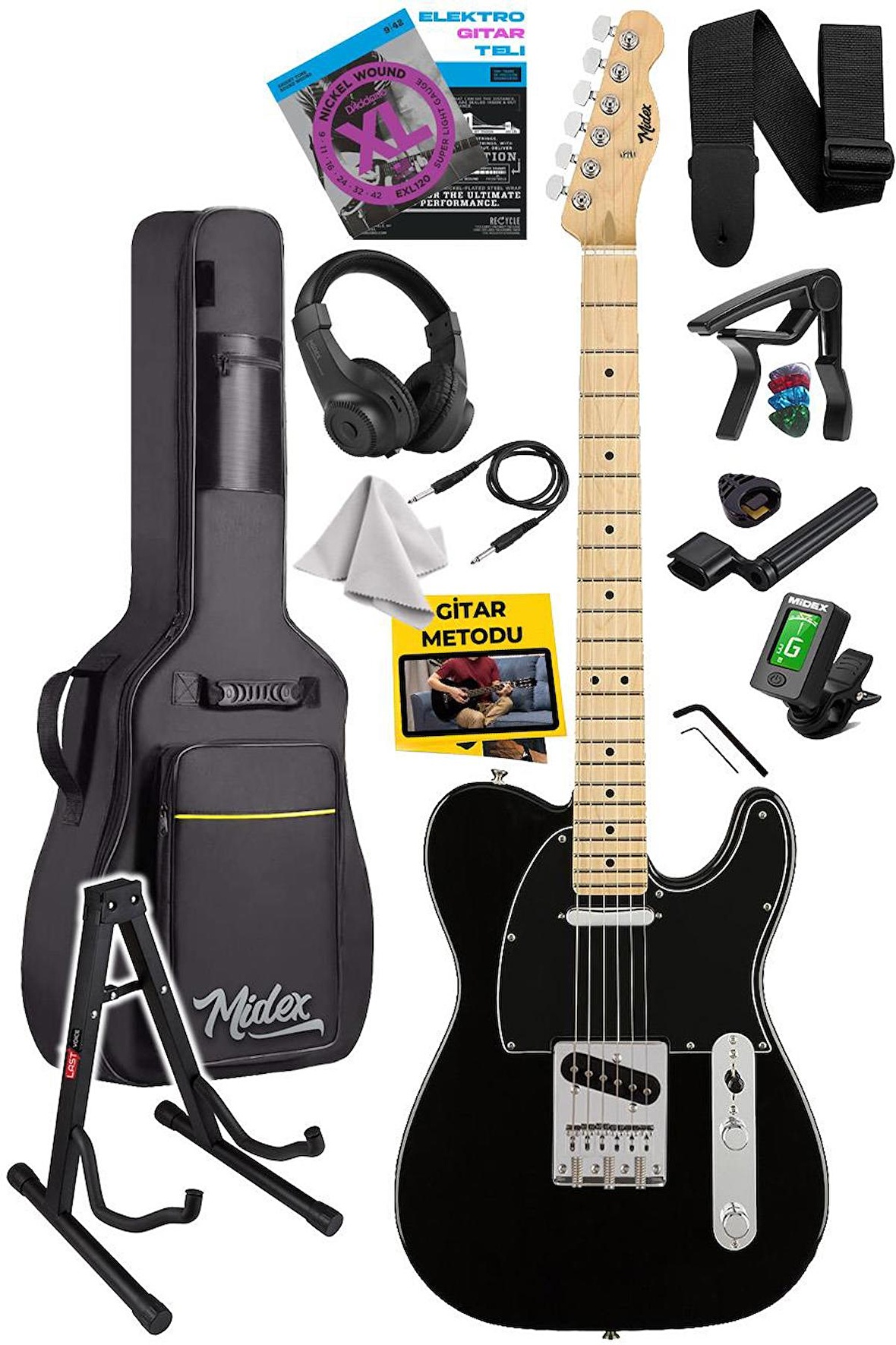 Midex TLX-50BK-ST Tele Kasa Maple Klavye 2 Single-Coil Manyetik Elektro Gitar