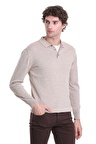 Bej Regular Fit Düz Polo Yaka Triko Kazak | S