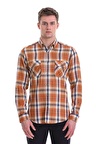 Turuncu Slim Fit Kareli 100% Pamuklu Düğmeli Yaka Uzun Kollu Casual Gömlek | XS