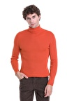 Turuncu Slim Fit Fitilli Balıkçı Yaka Yünlü Triko Kazak | L