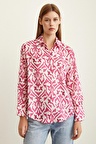 V Yaka Desenli Saten Gömlek Fuşya