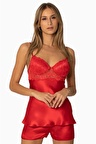 Pierre Cardin Saten Dantelli Şort Babydoll Takım 415 - Kırmızı