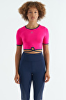 Fuşya Bel Bağlama Detaylı O Yaka Standart Kalıp Dalgıç Kumaş Kadın Crop T-Shirt - 97266