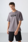 Koyu Gri Pamuklu Kalın Yumuşak Dokulu Oversize Fit Baskılı Erkek T-Shirt - 88331