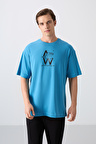 Petrol Mavi Pamuklu Kalın Yumuşak Dokulu Oversize Fit Baskılı Erkek T-Shirt - 88332