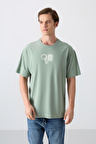 Açık Yeşil Pamuklu Kalın Yumuşak Dokulu Oversize Fit Baskılı Erkek T-Shirt - 88333