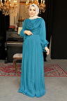 Drape Detaylı Petrol Yeşili Tesettür Elbise 44591PY