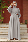 Kemerli Açık Gri Tesettür Elbise 33014AGR