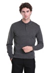 Gri Regular Fit Düz Polo Yaka Triko Kazak | S