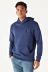 Erkek Indigo Standart Fit Normal Kesim Içi Polarlı Içi Polarlı Kapüşonlu Sweatshirt