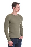 Yeşil Slim Fit Fitilli Bisiklet Yaka Yünlü Triko Kazak | L