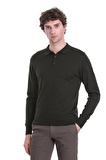 Haki Regular Fit Düz Polo Yaka Triko Kazak | M
