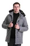Gri Slim Fit Hakim Yaka Kürklü Kapüşonlu Kaban | S