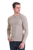 Bej Slim Fit Fitilli Bisiklet Yaka Yünlü Triko Kazak | L