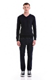 Lacivert Regular Fit Düz V Yaka Yünlü Triko Kazak | XL