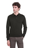 Haki Regular Fit Düz Polo Yaka Triko Kazak | S