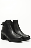 SİYAH Gön Hakiki Deri Yuvarlak Burun Topuklu Fermuarlı Tokalı Kadın Günlük Bot 47453