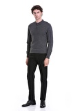 Gri Regular Fit Düz Polo Yaka Triko Kazak | S
