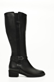 SİYAH Gön Hakiki Deri Yuvarlak Burun Kauçuk Taban Topuklu Fermuarlı Tokalı Kadın Günlük Çizme 44596