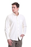 Bej Slim Fit Düz 100% Pamuklu Düğmeli Yaka Uzun Kollu Klasik Gömlek | L