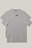 Erkek Gri Slim Fit Dar Kesim V Yaka 2'li Tişört Paketi