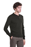 Haki Regular Fit Düz Polo Yaka Triko Kazak | M