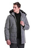 Gri Slim Fit Hakim Yaka Kürklü Kapüşonlu Kaban | S