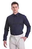 Lacivert Slim Fit Düz 100% Pamuklu Slim Yaka Uzun Kollu Casual Saten Gömlek | XXL