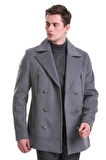 Gri Slim Fit Kruvaze Yünlü Kaşe Kaban | XXL