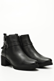 SİYAH Gön Hakiki Deri Yuvarlak Burun Topuklu Fermuarlı Tokalı Kadın Günlük Bot 48491