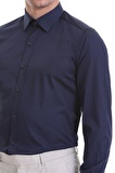 Lacivert Slim Fit Düz 100% Pamuklu Slim Yaka Uzun Kollu Casual Saten Gömlek | XXL