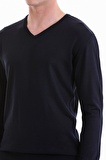 Lacivert Regular Fit Düz V Yaka Yünlü Triko Kazak | L