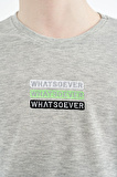 Gri Melanj Yazı Nakışlı O Yaka Oversize Erkek Çocuk T-Shirt - 11146