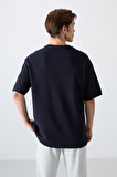 Lacivert Pamuklu Kalın Yumuşak Dokulu Oversize Fit Baskılı Erkek T-Shirt - 88323