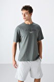 Haki Pamuklu Kalın Yumuşak Dokulu Oversize Fit Baskılı Erkek T-Shirt - 88328