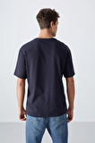 Lacivert Pamuklu Kalın Yumuşak Dokulu Oversize Fit Baskılı Erkek T-Shirt - 88328