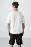 Ekru Pamuklu Kalın Yumuşak Dokulu Oversize Fit Baskılı Erkek T-Shirt - 88328