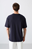 Lacivert Pamuklu Kalın Yumuşak Dokulu Oversize Fit Baskılı Erkek T-Shirt - 88329