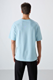 Açık Mavi Pamuklu Kalın Yumuşak Dokulu Oversize Fit Baskılı Erkek T-Shirt - 88329