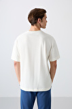 Ekru Pamuklu Kalın Yumuşak Dokulu Oversize Fit Baskılı Erkek T-Shirt - 88329
