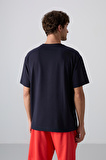 Lacivert Pamuklu Kalın Yumuşak Dokulu Oversize Fit Baskılı Erkek T-Shirt - 88330