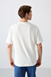 Ekru Pamuklu Kalın Yumuşak Dokulu Oversize Fit Baskılı Erkek T-Shirt - 88330