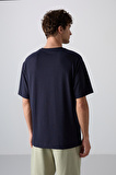 Lacivert Pamuklu Kalın Yumuşak Dokulu Oversize Fit Baskılı Erkek T-Shirt - 88332