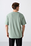 Açık Yeşil Pamuklu Kalın Yumuşak Dokulu Oversize Fit Baskılı Erkek T-Shirt - 88332