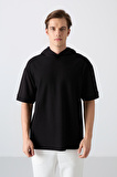 Siyah Pamuklu Kalın Yüzeyi Dokulu Oversize Fit Basic Erkek T-Shirt - 88335